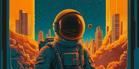 Surreal depiction of an astronaut navigating city streets.