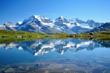 A breathtaking view of a mountain lake reflecting snow-capped peaks in the Swiss Alps, A serene mountain lake reflecting the surrounding snow-capped peaks