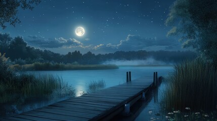 Serene Lake at Night: A calm lake scene under the tranquil embrace of a full moon and starry sky.