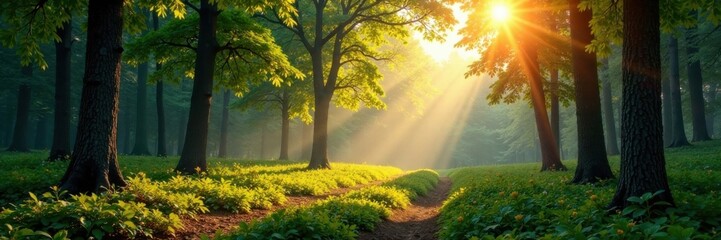 Obraz premium Panorama of forest landscape with sunlight filtering through trees , sun, outdoor, landscape