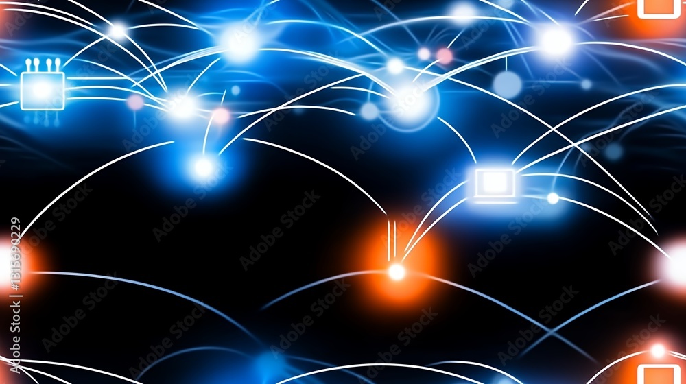 Poster abstract glowing network connection blue orange nodes and lines on dark background