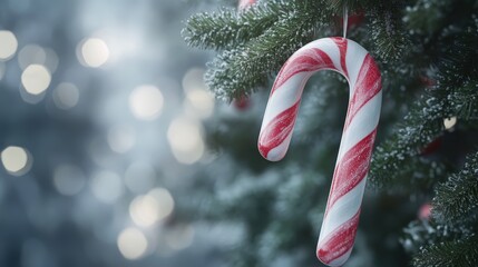 Festive Candy Cane: A vibrant red and white striped candy cane hangs from a decorated Christmas tree, the soft blur of holiday lights casting a magical glow around it.