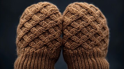 Warm brown knitted mittens, close-up view, dark background, winter clothing