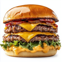 Delicious double cheeseburger with lettuce tomato cheddar and mouthwatering sauce on brioche bun