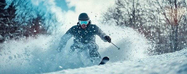 A skier carves through fresh powder on a snowy mountain slope