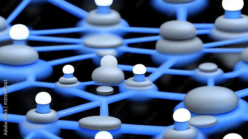 Poster abstract network connection blue and gray nodes on black background