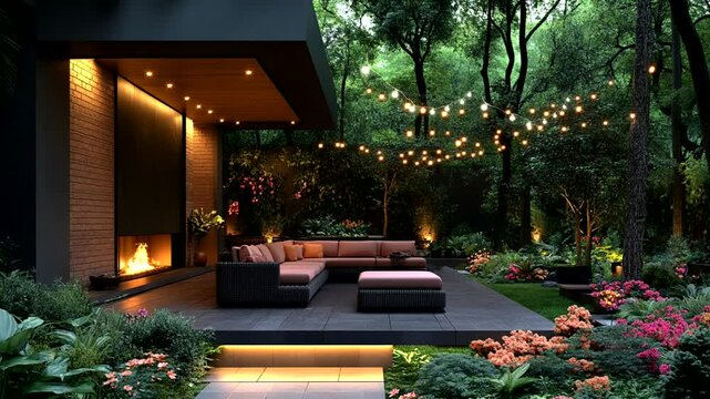 Modern outdoor lounge with warm lighting in lush green garden at dusk. Seamless looping 4K time-lapse animation video background