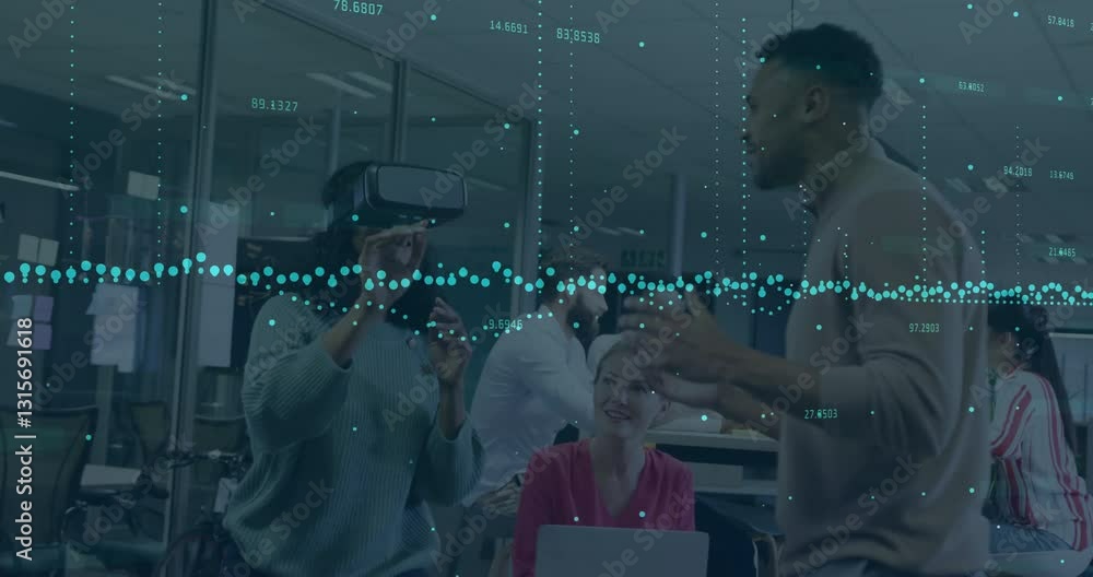 Poster using virtual reality headset, people in office viewing animation data visualization