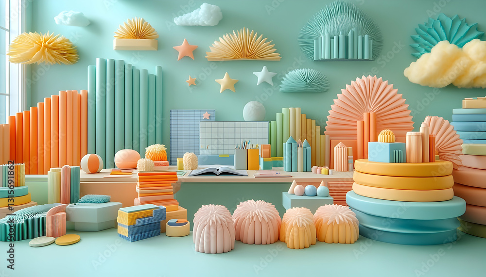 Aufkleber colorful 3d shapes and objects arranged on a desk and wall, creating a playful and imaginative scene