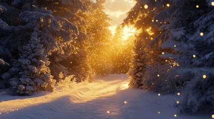 Winter Wonderland: A snowy forest trail is illuminated by the warm glow of the rising or setting sun, creating a magical winter scene