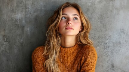 Fototapeta premium Thoughtful young woman with long hair against textured background