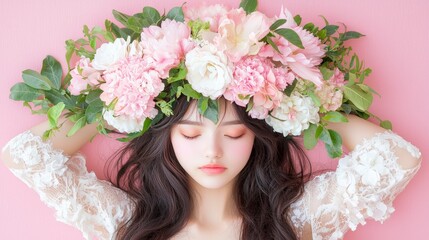 Naklejka premium Serene Woman with Floral Crown Pink Background Beauty Fashion Feminine