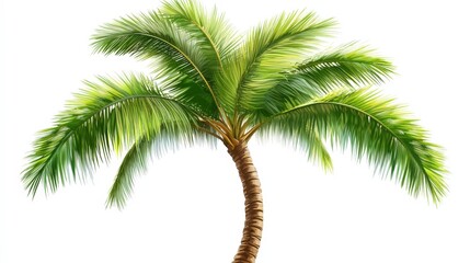 Naklejka premium Tropical Oasis: A vibrant, single palm tree, with its lush green fronds fanning outwards, stands against a clean backdrop, evoking feelings of warmth and vacation