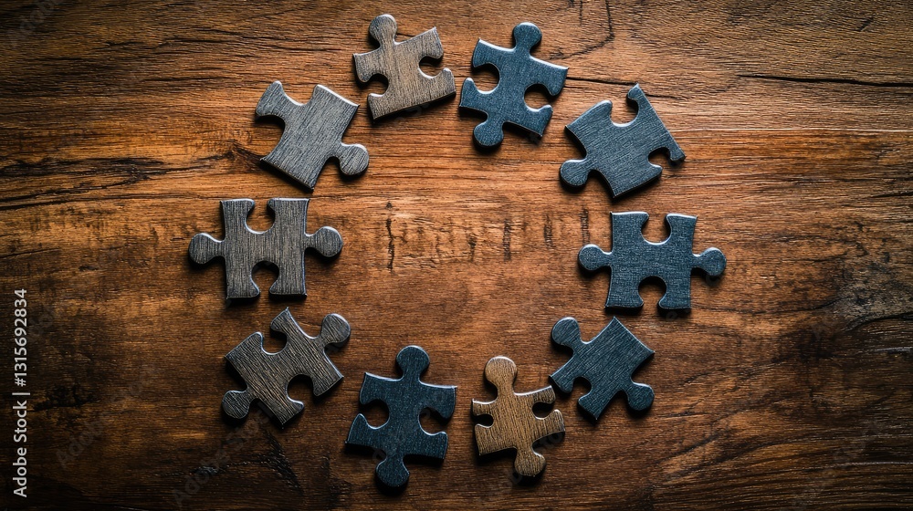 Poster a circle of puzzle pieces connected together on a wooden background, representing teamwork, problem-