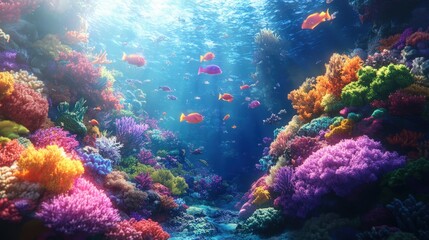 Naklejka premium Underwater Wonderland: A vibrant coral reef teems with life, showcasing a kaleidoscope of colors, teeming with schools of fish, with sunbeams filtering through the crystal-clear water.