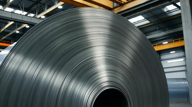 Large Silver Metal Steel Sheet Roll in Industrial Factory with Yellow Overhead Crane and Bright Lighting for Manufacturing Production