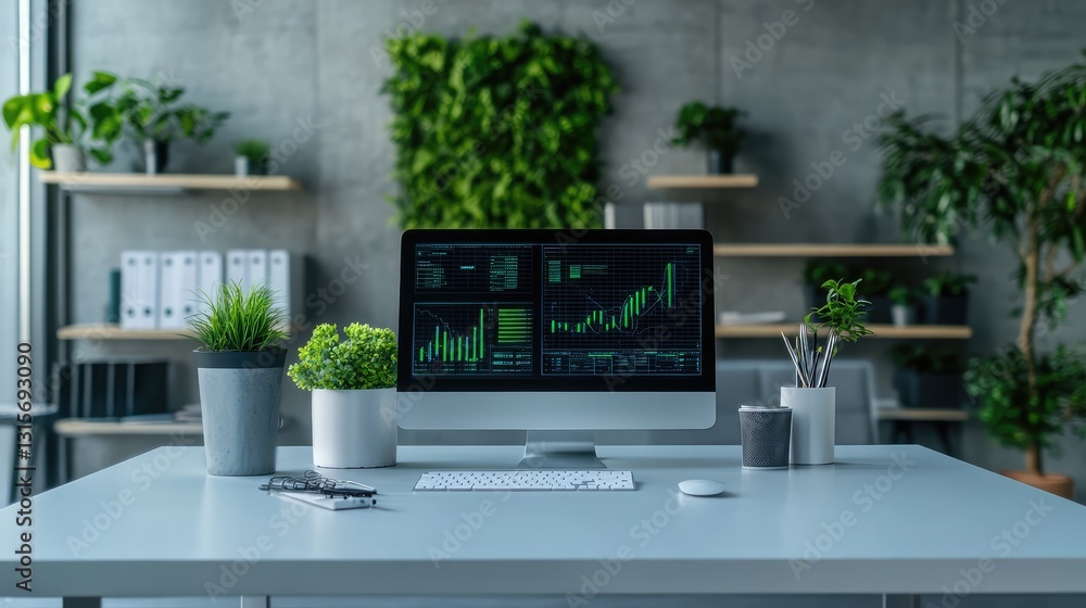 Poster a clean desk with holographic data visualizations and business charts, symbolizing the digital evolu