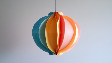Geometric Light Fixture: A captivating modern light fixture, suspended from above, features a vibrant spectrum of colors and a unique geometric design, blending artistry with functionality.