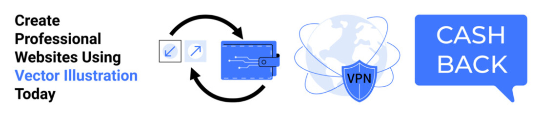 Icons of coding tools, wallet with arrows, VPN shield over a globe, and cashback speech bubble. Ideal for web development, cybersecurity, e-commerce, savings, cash flow fintech flat landing page