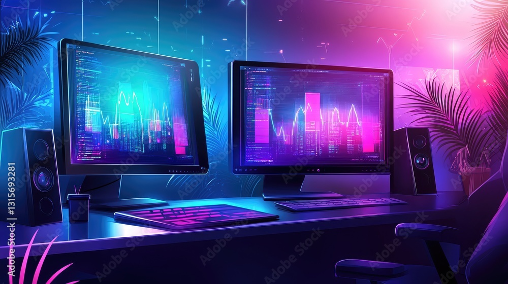 Poster a clean workspace with glowing digital tools, cloud computing, and futuristic data-driven business t