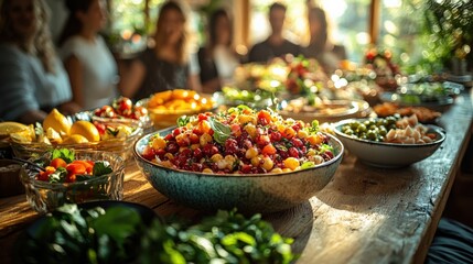 Fototapeta premium Vibrant Table Spread with Fresh Fruits and Vegetables in Natural Light
