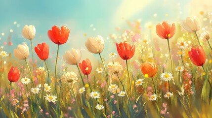 Fototapeta premium Blossoming Symphony: A vibrant painting showcases a field of tulips and wildflowers dancing gracefully under a clear, sunny sky, bursting with life and color.