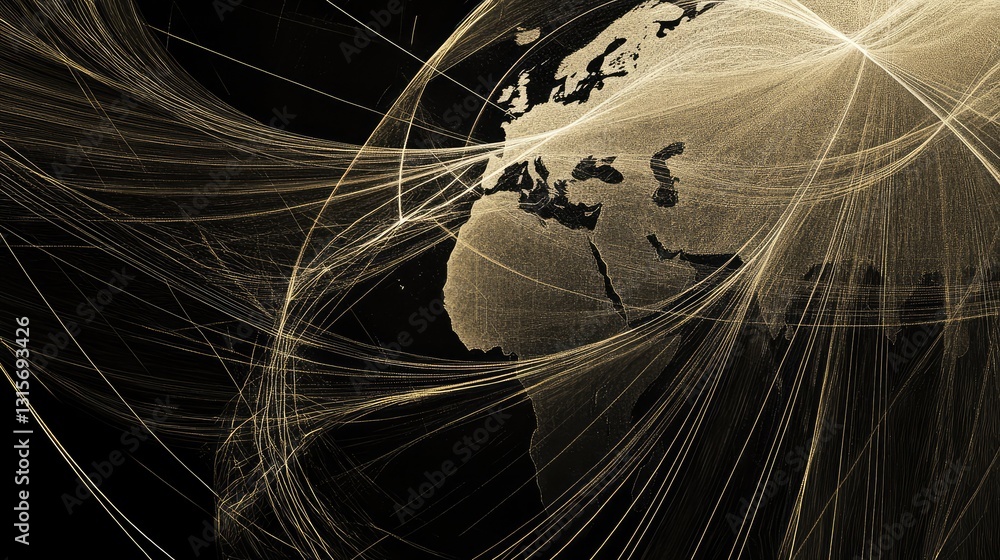 Poster a close-up of a digital map with global expansion lines and growth data, representing business expan
