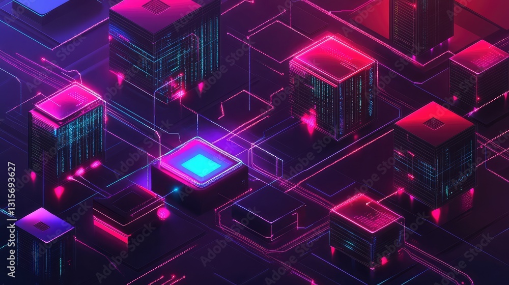 Poster a collection of computer servers connected in a futuristic data network, symbolizing teamwork.