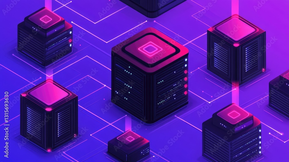 Poster a collection of computer servers connected in a futuristic data network, symbolizing teamwork.