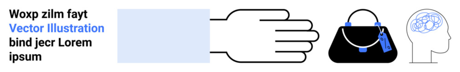 Open hand gesture near black handbag with blue details and human head outline showcasing a brain. Ideal for shopping, decision-making, fashion, creativity, branding, consumer behavior, flat landing