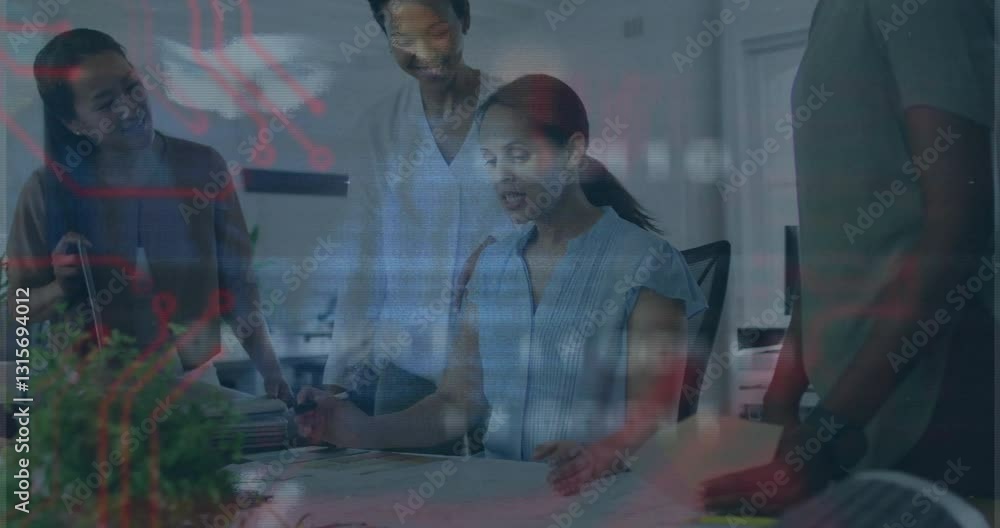 Poster Collaborating in office, diverse team processing financial data with animation overlay