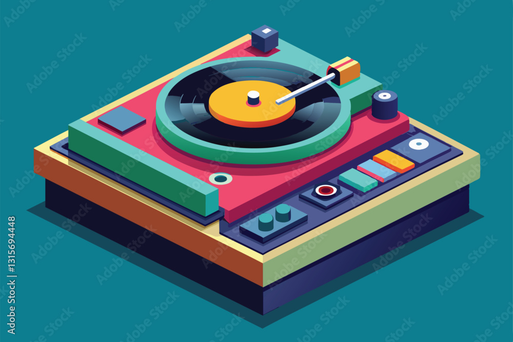 Poster a colorful record player design features various buttons and a stylus, highlighting customization op