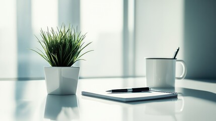 A desk with a minimalist setup, featuring a notebook, pen, and plant, reflecting the creative and focused approach to building a startup.