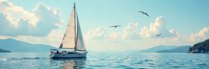 Sailboat on calm waters with seagulls flying overhead, landscape, calms seas, ocean
