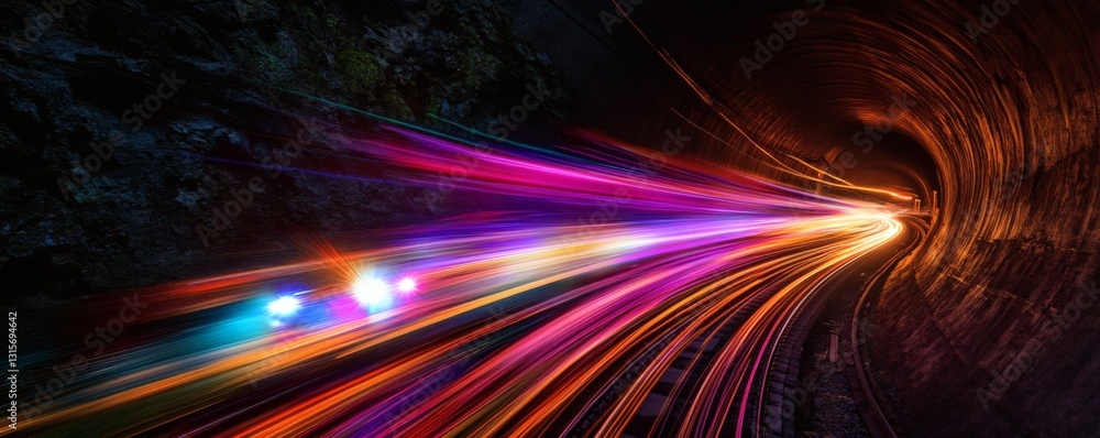 Poster a long tunnel with light trails speeding towards the exit