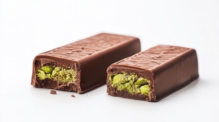 A rich milk chocolate bar with a filling of smooth pistachio paste and crunchy kataifi, elegantly cracked to showcase the contrast between creamy, crispy, and velvety textures
