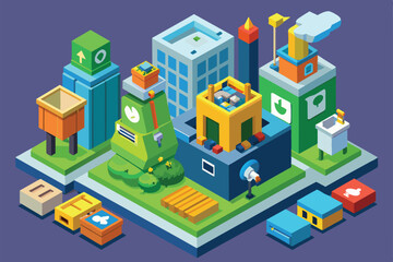 Fototapeta premium This artwork showcases a vibrant, customizable recycling center surrounded by eco-friendly buildings and elements, Recycling Customizable Isometric Illustration