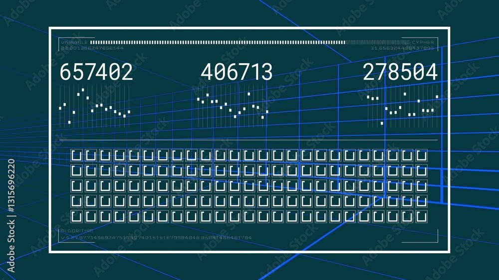 Poster digital data processing animation with numbers and grid lines on dark background