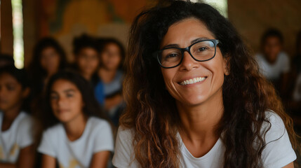 Obraz premium Simple, Latina teacher smiling in the background with blurred students