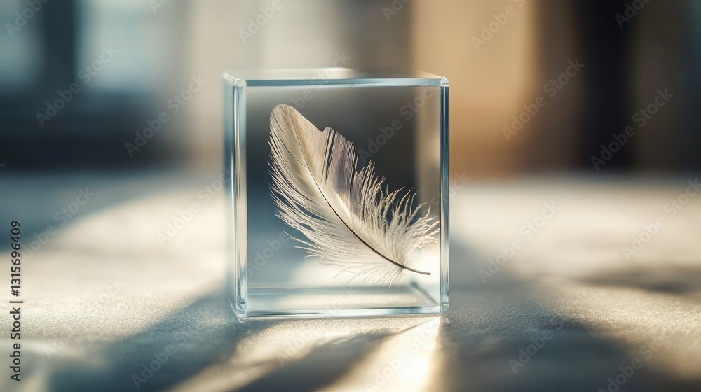 Poster a single feather floating inside an empty glass cube, ethereal and light