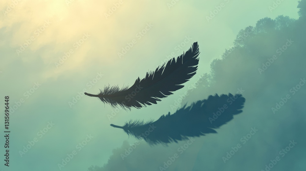 Poster a single floating feather casting a shadow the shape of a bird
