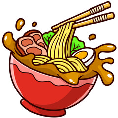 noodles in a bowl cartoon sticker illustration