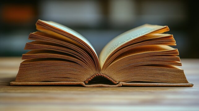 Open Book on Wooden Table, Blurred Background