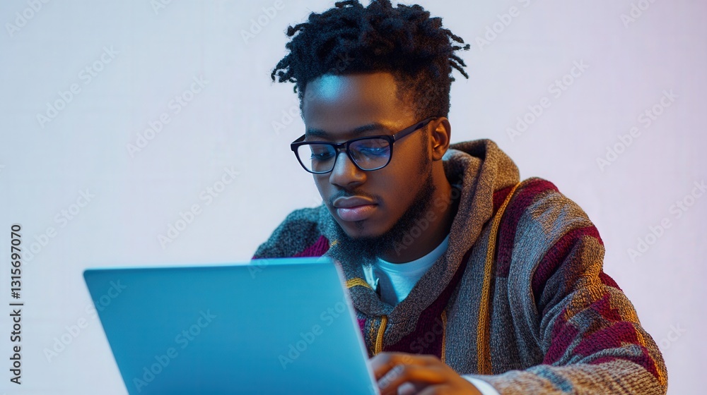 Poster a software developer typing on a laptop, coding in progress, focused and creative, isolated on a cle