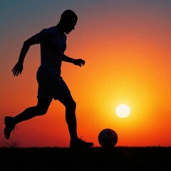 Silhouette of a soccer player kicking the ball against a bright sunset background, action, goal, sunset