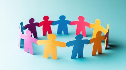 A group of colorful paper figures holding hands in a circular formation, symbolizing unity and teamwork.