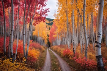 Obraz premium Autumn Ambiance: A Dreamy Pathway Amidst Colorful Aspen and Birch Foliage