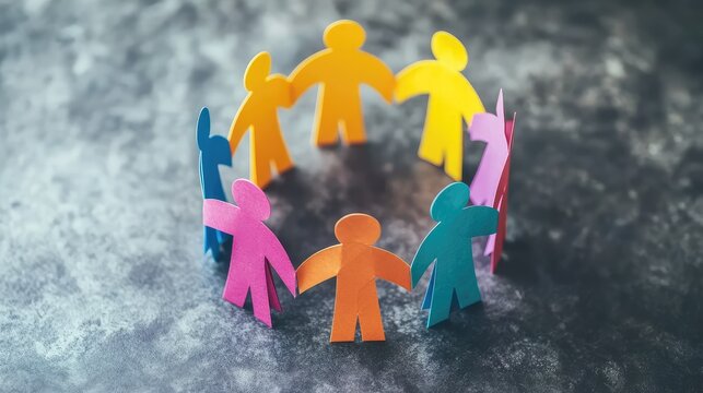 A group of colorful paper figures holding hands in a circular formation, symbolizing unity and teamwork.