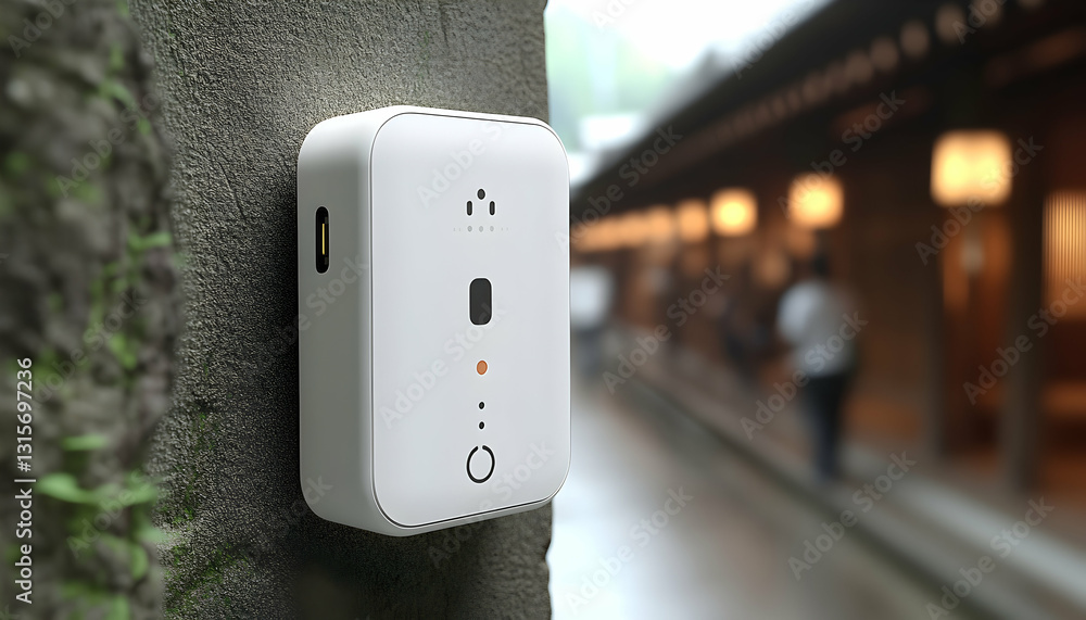 Poster compact device mounted on a textured surface, with a blurred background suggesting an urban setting