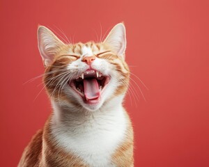 Obraz premium Funny Happy Orange Ginger Tabby Cat Laughing or Yelling with Wide Open Mouth on Red Background